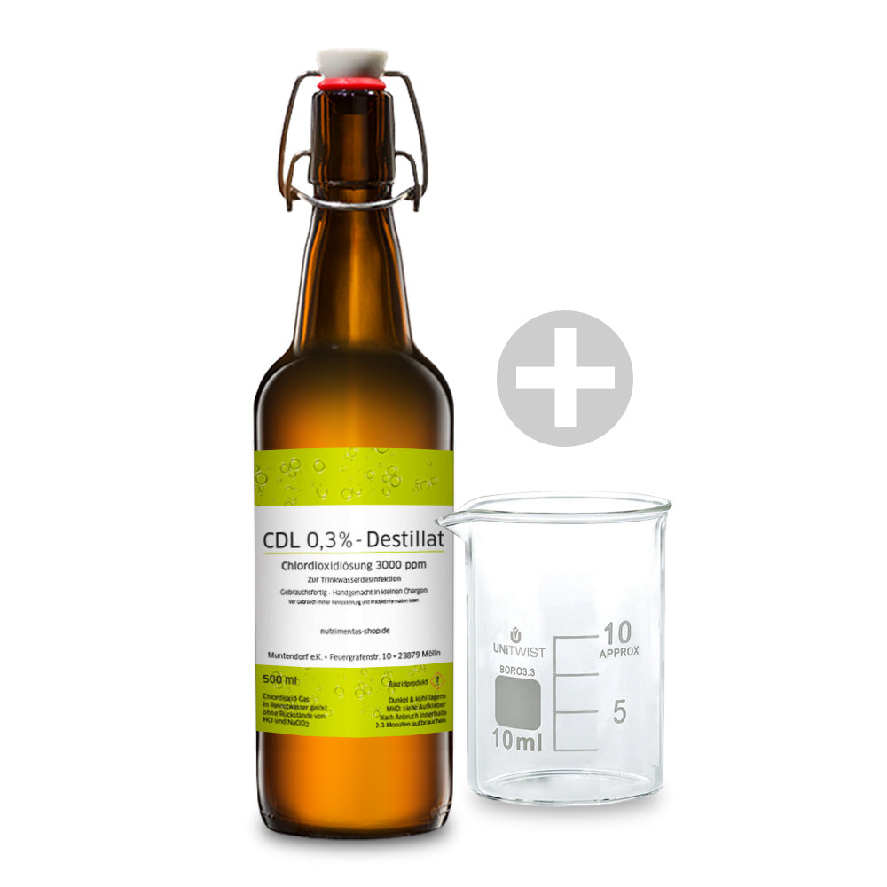 Hochreines CLO2-Destillat - CDL 0,3% -gebrauchsfertige Lösung 0,5L + Messbecher Glas 10ml