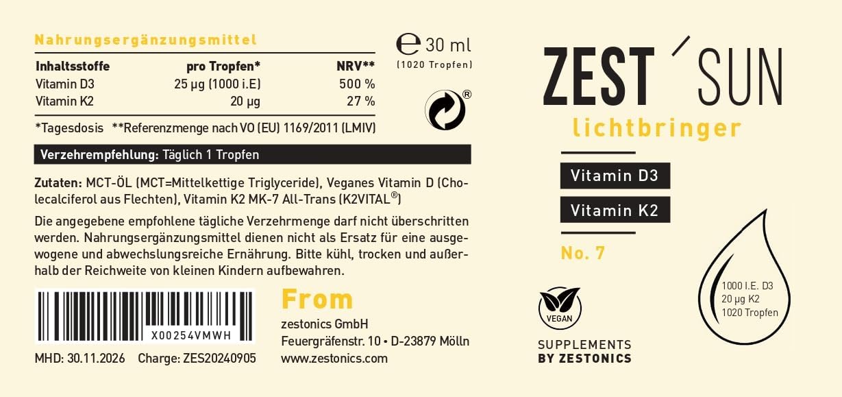Vitamin D3 / K2 (1020 Tropfen) Vegan (1000 I.E.)