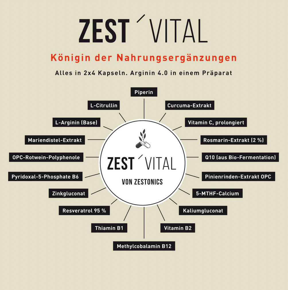 ZEST’VITAL: L-Arginin (Base), L-Citrullin, Rotwein-Polyphenole, 5-MTHF-Calcium u.v.a.m. (1x210g)